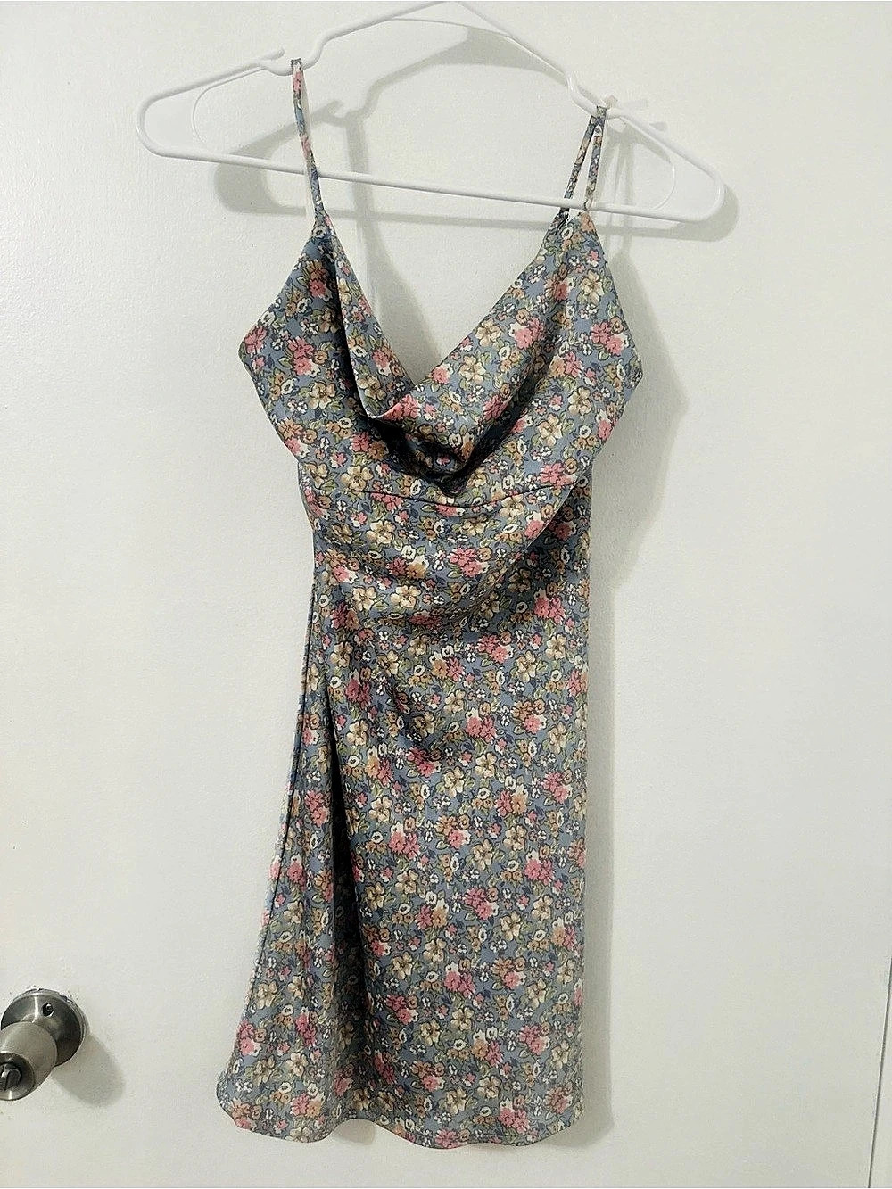 Altar'd State Floral Cowl Neck Mini Dress in Blue & Pink